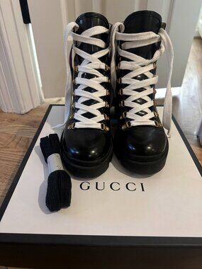 Gucci Sylvie Web Leather Lace-Up Combat Ankle Boots Black 39.5 w/ Box